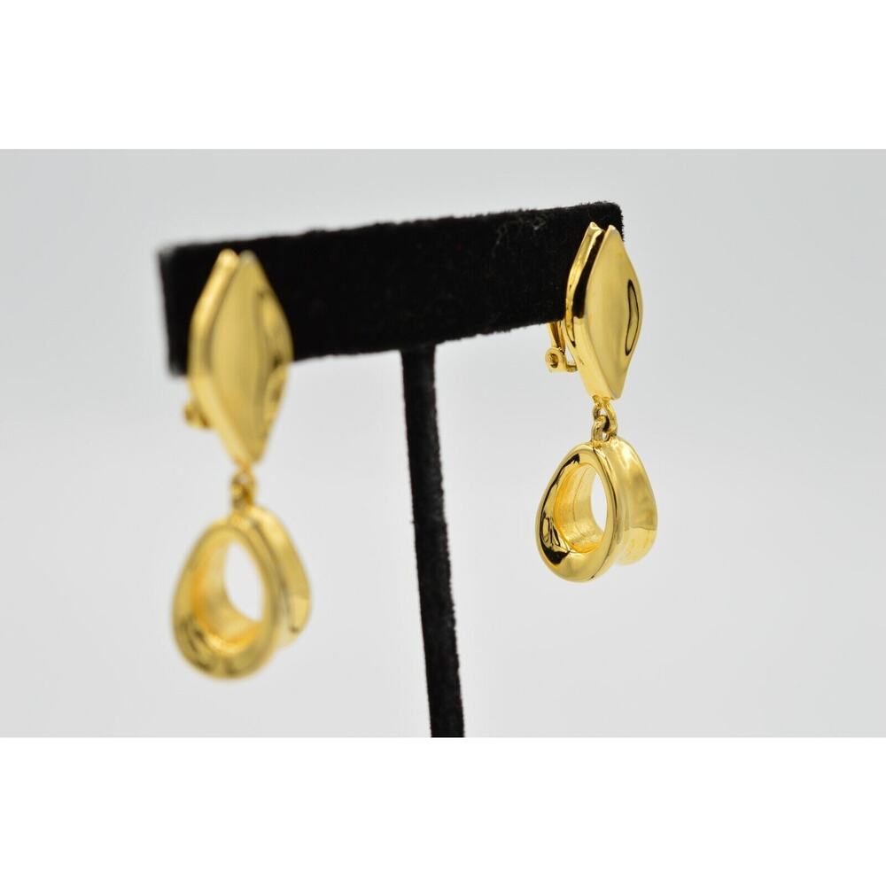 Givenchy Vintage Dangle Clip On Earrings Gold 1.5" Drop Chunky Signed 1980s 9I - Picture 6 of 11
